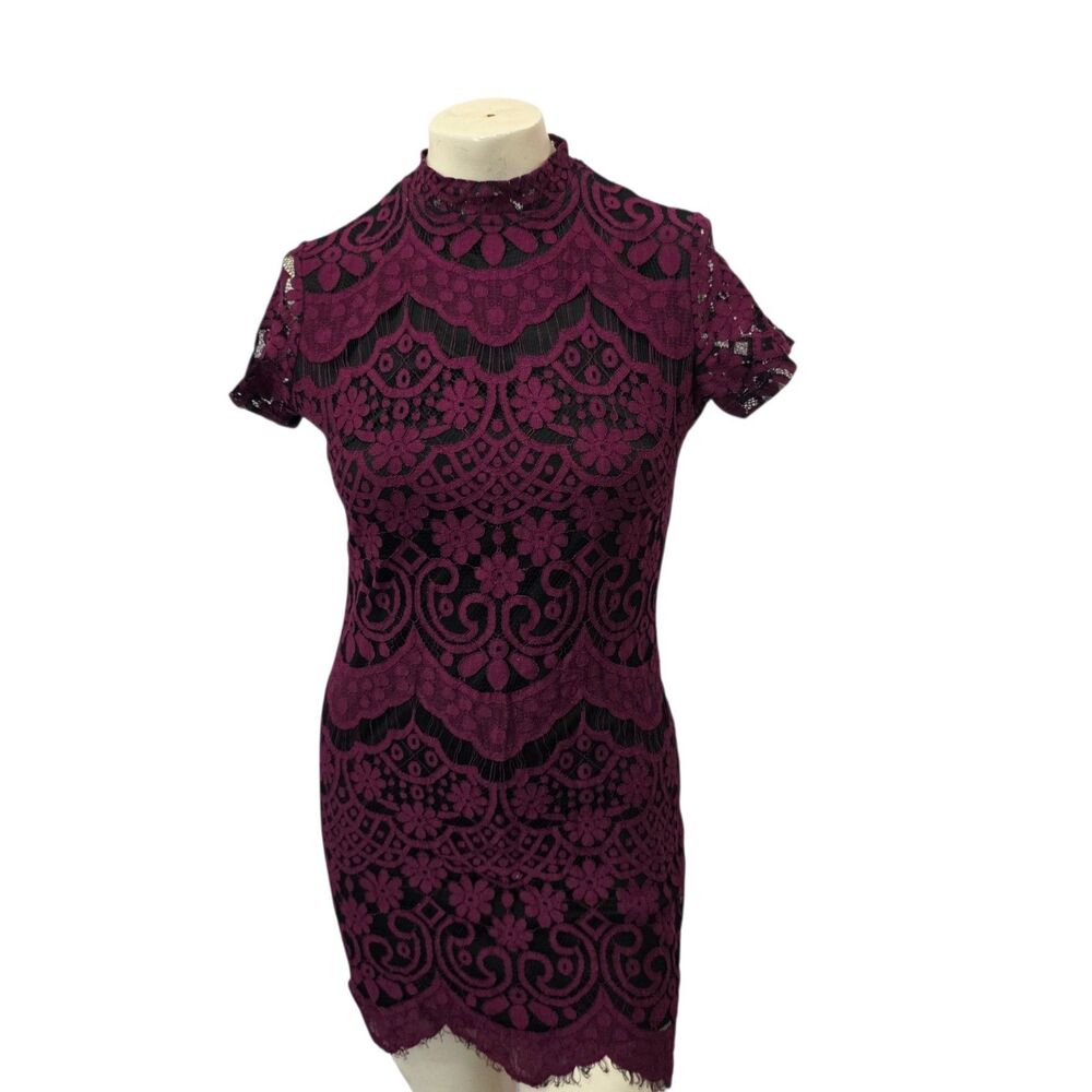 Boohoo Lace Bodycon Mini Dress UK 12 US 8 Burgundy Mock Neck Party Cocktail